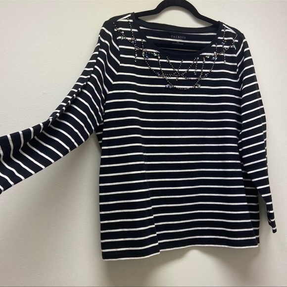 TALBOTS Women’s Petites Embellished Long Sleeved Striped‎ Shirt Black/White 1XP - Picture 8 of 11